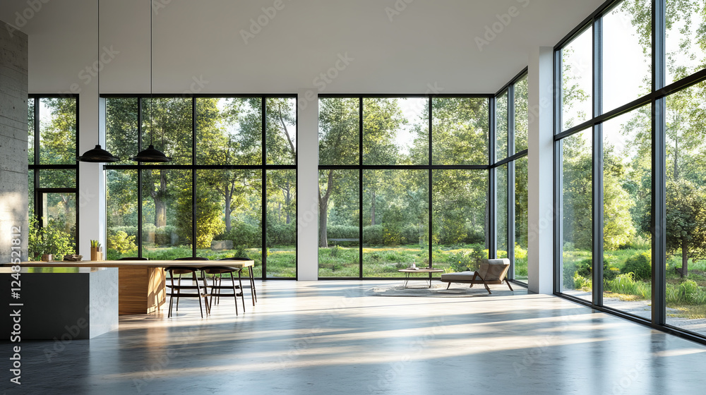 Aufkleber abstract white architecture empty room with windows and concrete floor 3d render illustration