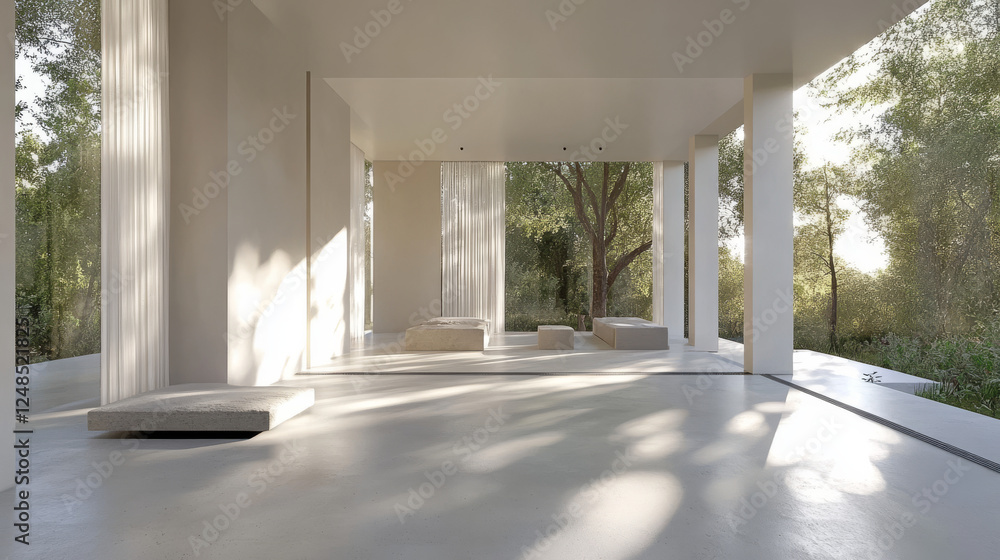 Poster abstract white architecture empty room with windows and concrete floor 3d render illustration