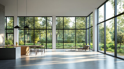 Fototapeta premium abstract white architecture empty room with windows and concrete floor 3d render illustration