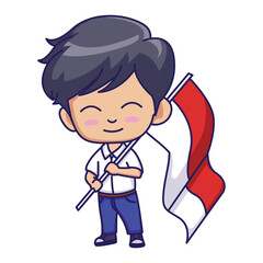 Cute Boy Holding Indonesian Flag Cartoon Vector Icon Illustration