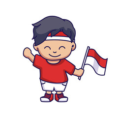 Cute Boy Holding Indonesian Flag Cartoon Vector Icon Illustration