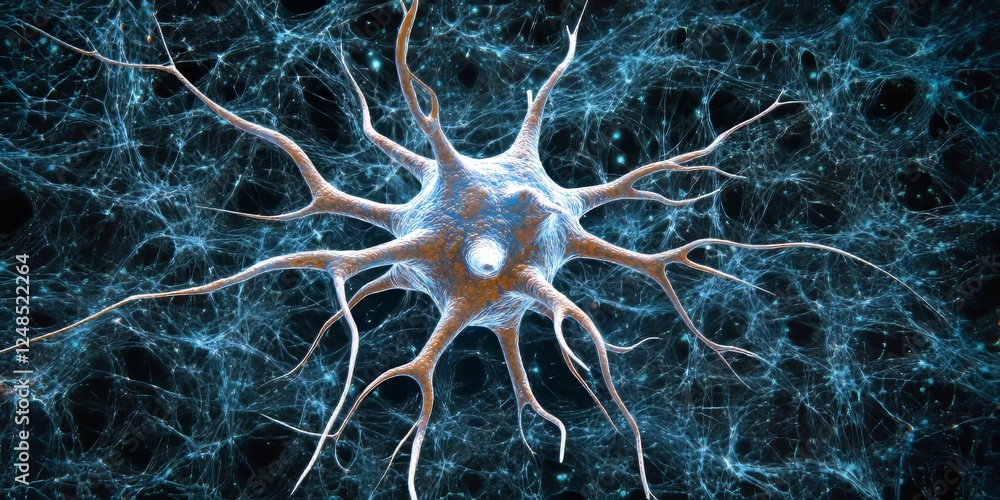 Poster 3d render of a neuron and axon network with web of neural connections, signals on dark blue