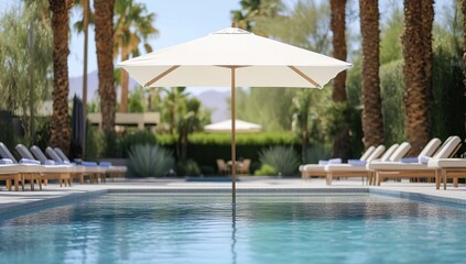 Fototapeta premium Poolside Paradise: Relaxing under a White Umbrella near Palm Trees and Loungers by the Pool