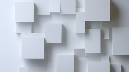 A composition of abstract white cubes with varying dimensions, creating a three-dimensional geometric depth.
