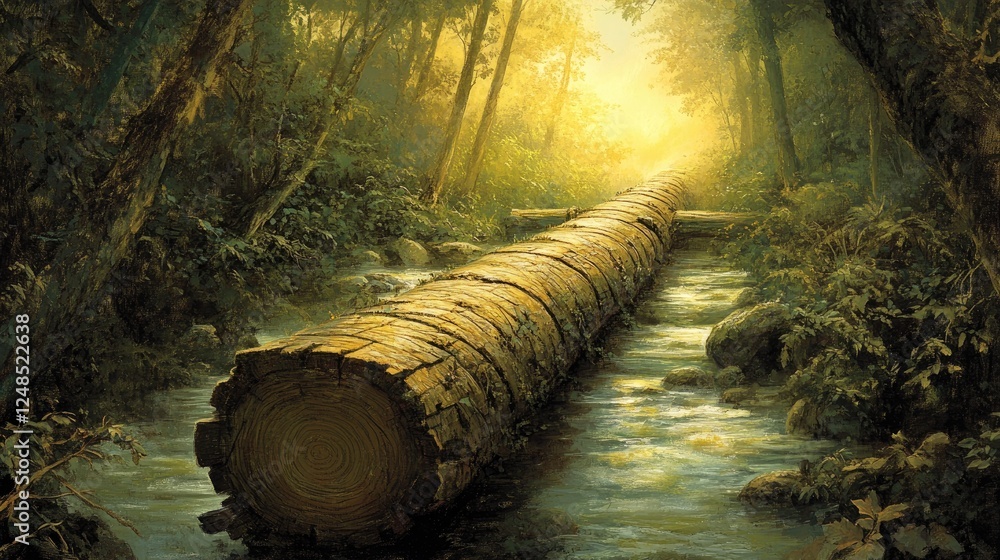 Poster sunlit forest path log bridge tranquil scene