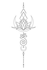 Mystic Lotus Sacred Geometry Unalome Boho Tattoo Design. Vector isolated buddhist line hand drawn symbol