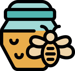 Simple, charming illustration of a honey jar with a friendly bee, representing natural sweetness and beekeeping