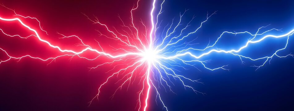 Red and blue electric lightning clash in a dynamic energy burst