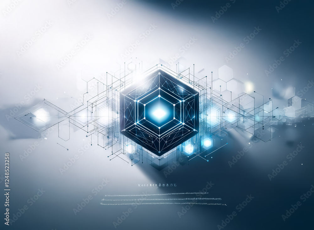 Poster a futuristic, glowing cube with network lines and a double exposure effect creates depth, suggesting