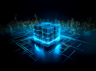 Futuristic digital core with double exposure effect, glowing blue on a dark circuit board backdrop. Cityscape and connections visible.