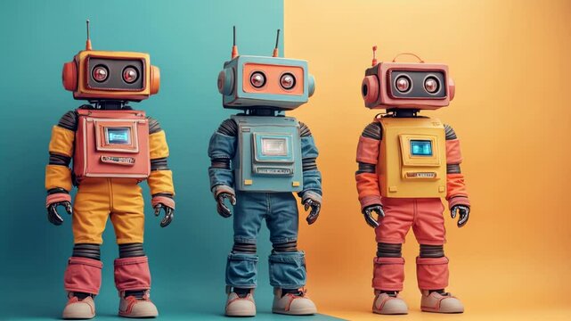 Retro robots dancing in unison against colorful backdrop in playful animation