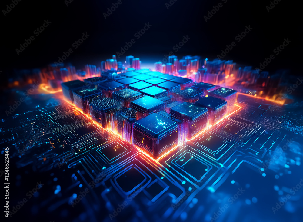 Aufkleber glowing blue and orange cubes form a circuit-like structure, with a double exposure effect creating 