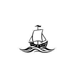 Vector Illustration of a Medieval-style ship sailing across the ocean, on a minimalist white background.
