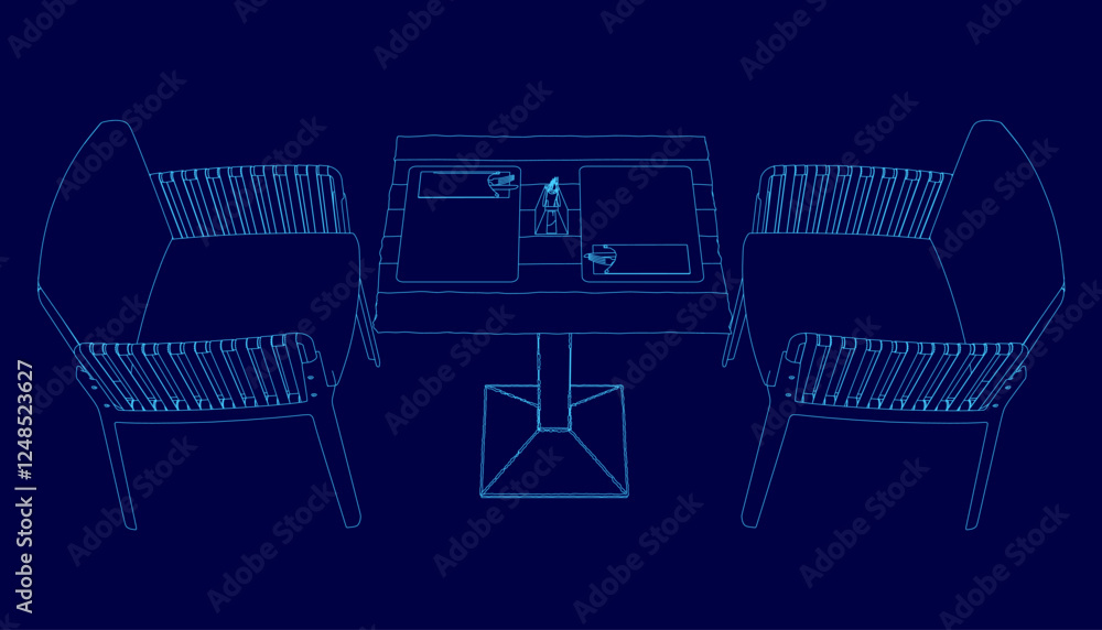 Poster two chairs and a table, all of which are blue. the chairs are positioned in front of the table, whic