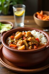 Hearty vegetable stew with rice in clay pot on rustic table, Bicol express