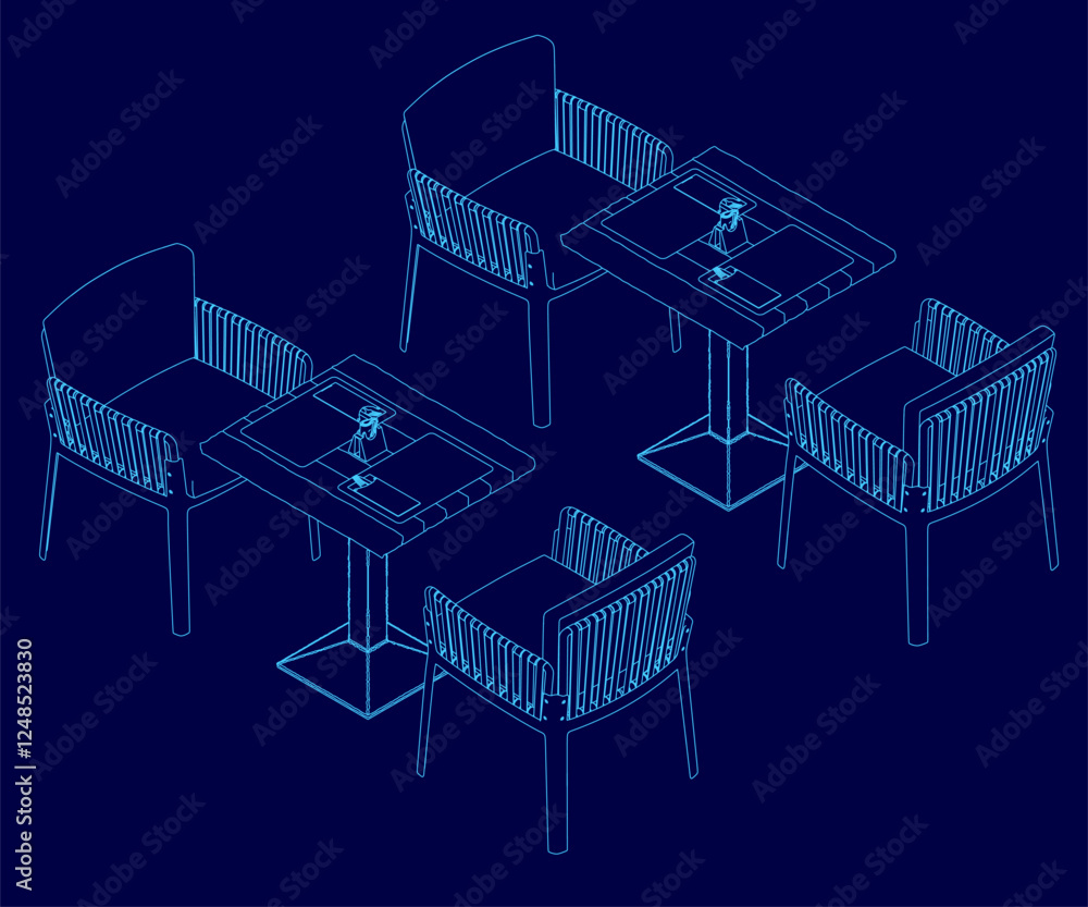 Aufkleber a blue drawing of a restaurant with tables and chairs. the chairs are all different sizes and are ar