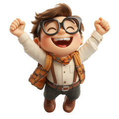 A cartoon man with glasses is jumping up and down with a big smile on his face