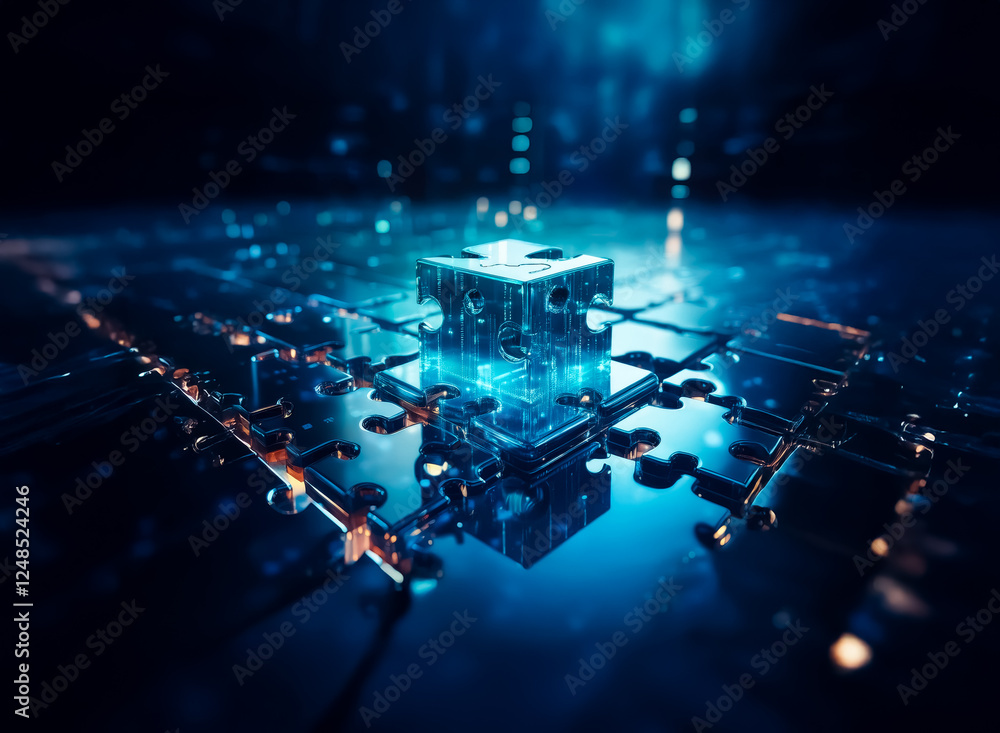Poster a double exposure image of a glowing cube hovering over a detailed circuit board with blue light emi