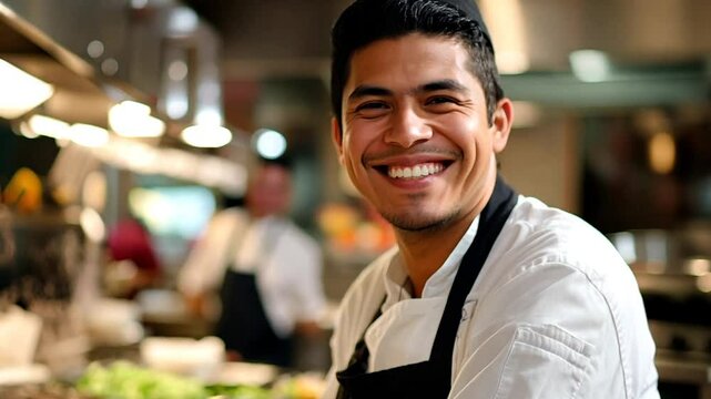Man chef cook at kitchen smiling