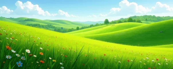 Selbstklebende Fototapeten Rolling hills of lush green prairie, wildflowers scattered, environment, summer, daytime © Katherina