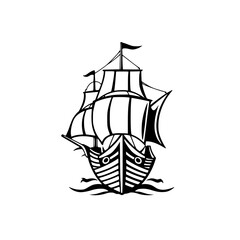 Black and white ship image with sails. Shows the ship sailing on the water.