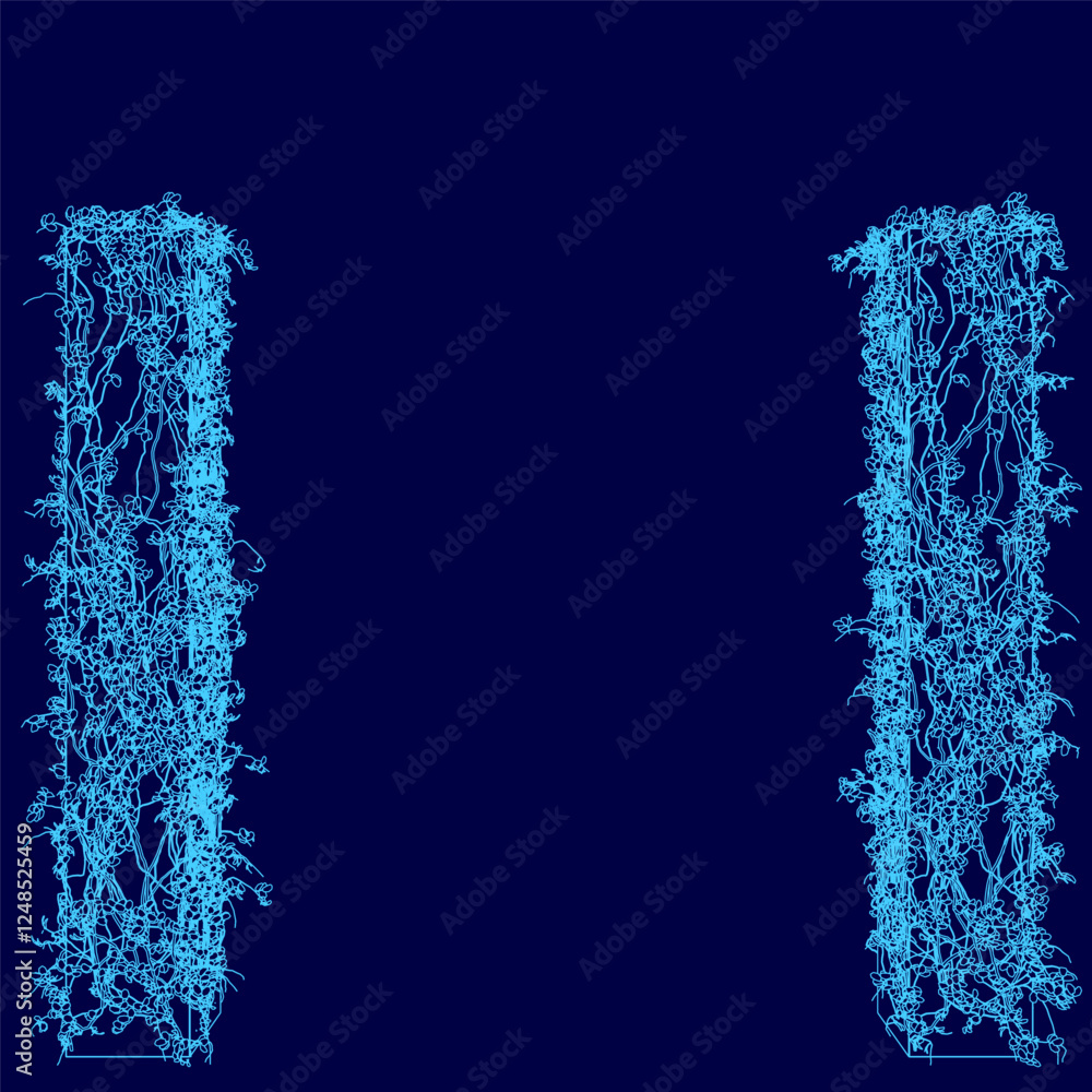 Poster a blue background with two vines growing out of it. the vines are blue and appear to be reaching out
