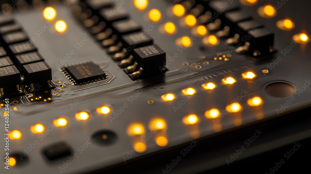 Poster close-up of an illuminated integrated circuit on a motherboard, highlighting the complexity and conn
