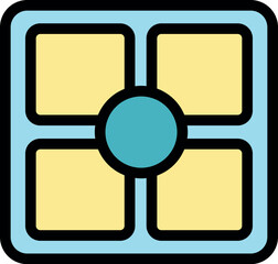 Lunchbox with four compartments and central round dipping sauce container, lunchbox featuring four square compartments and a central round container. Perfect for dipping sauces or snacks. Work