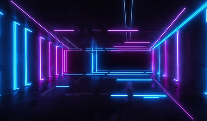 Neon blue purple lights abstract 3d render of a futuristic tunnel geometric square shape 