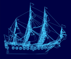A blue drawing of a ship with a blue background. The ship is large and has a lot of detail. Side view