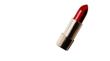 A bold and vibrant red lipstick, isolated on a transparent background, with a close-up view showing its smooth application and luxurious packaging