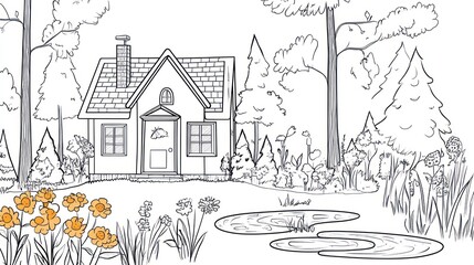 Obraz premium Cottage in woods, pond, flowers, peaceful scene, nature illustration