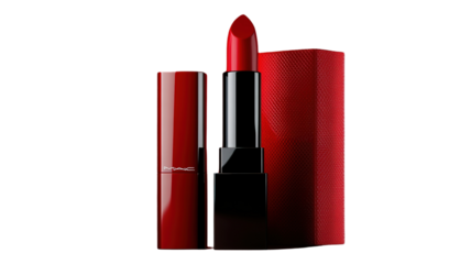 bold and vibrA ant red lipstick, isolated on a transparent background, with a close-up view showing its smooth application and luxurious packaging