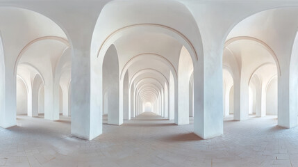 Obraz premium Abstract White Lit Arched Corridors in a Minimalistic Tunnel Shot During the Day 360 panorama vr environment map. 3D Illustration