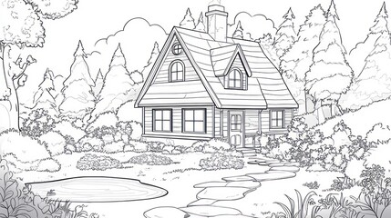 Obraz premium Cozy forest cottage, stone path, pond, coloring book page
