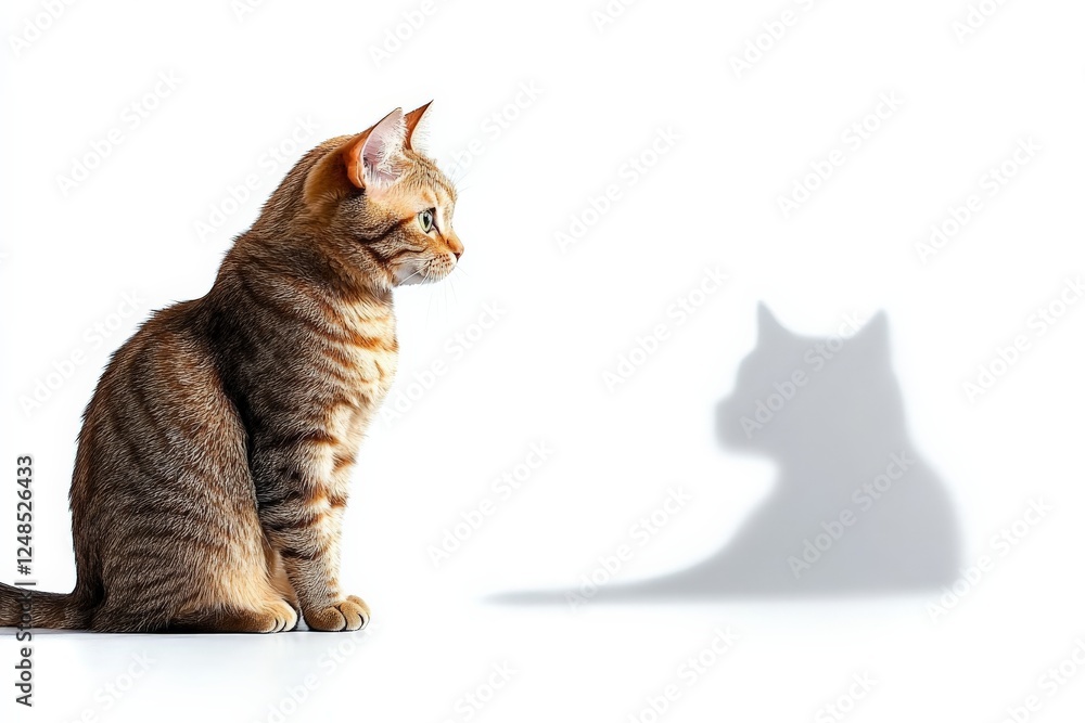 Poster cat looking at its shadow against a white background while sitting calmly in a bright space during d