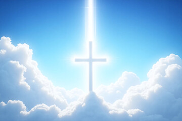 radiant white cross in sky with fluffy white clouds and gradient blue hues