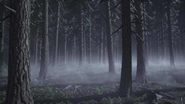 Dark Forest at Night Covered in Mystical Fog | Slow Cinematic Shot | Eerie Woodland Atmosphere | Dense Mist Floating Through Trees | Mysterious and Haunting Ambience | Spooky Nighttime Wilderness - Powered by Adobe