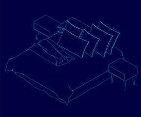 A bed with pillows and a nightstand. The bed is blue and the pillows. Isometric view