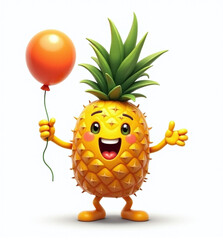 Pineapple with Balloon, 2D Kids Illustration on White Background

