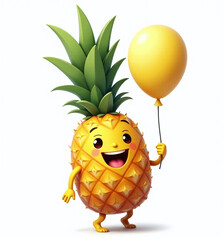 Pineapple with Balloon, 2D Kids Illustration on White Background

