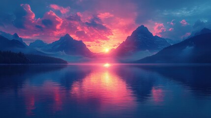 Pink sunset over serene mountain lake
