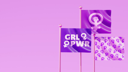 Womens Day banner template with three feminist flags on a purple background symbolizing women's empowerment, feminism and gender equality in 3D illustration