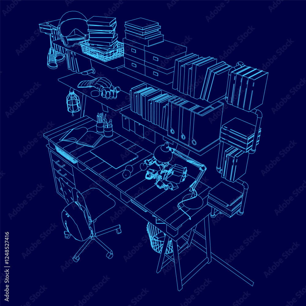 Aufkleber a blue drawing of a desk with a chair and a computer. the desk is cluttered with books and other ite