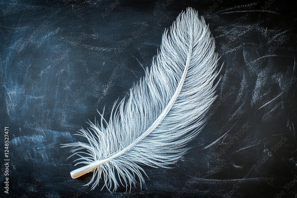 Fototapete Large white feather lying on a dark surface with a textured background and soft lighting creating an elegant atmosphere