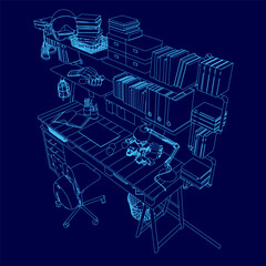 A blue drawing of a desk with a chair and a computer. The desk is cluttered with books and other items, and there is a robot on the desk. Scene is somewhat chaotic and disorganized