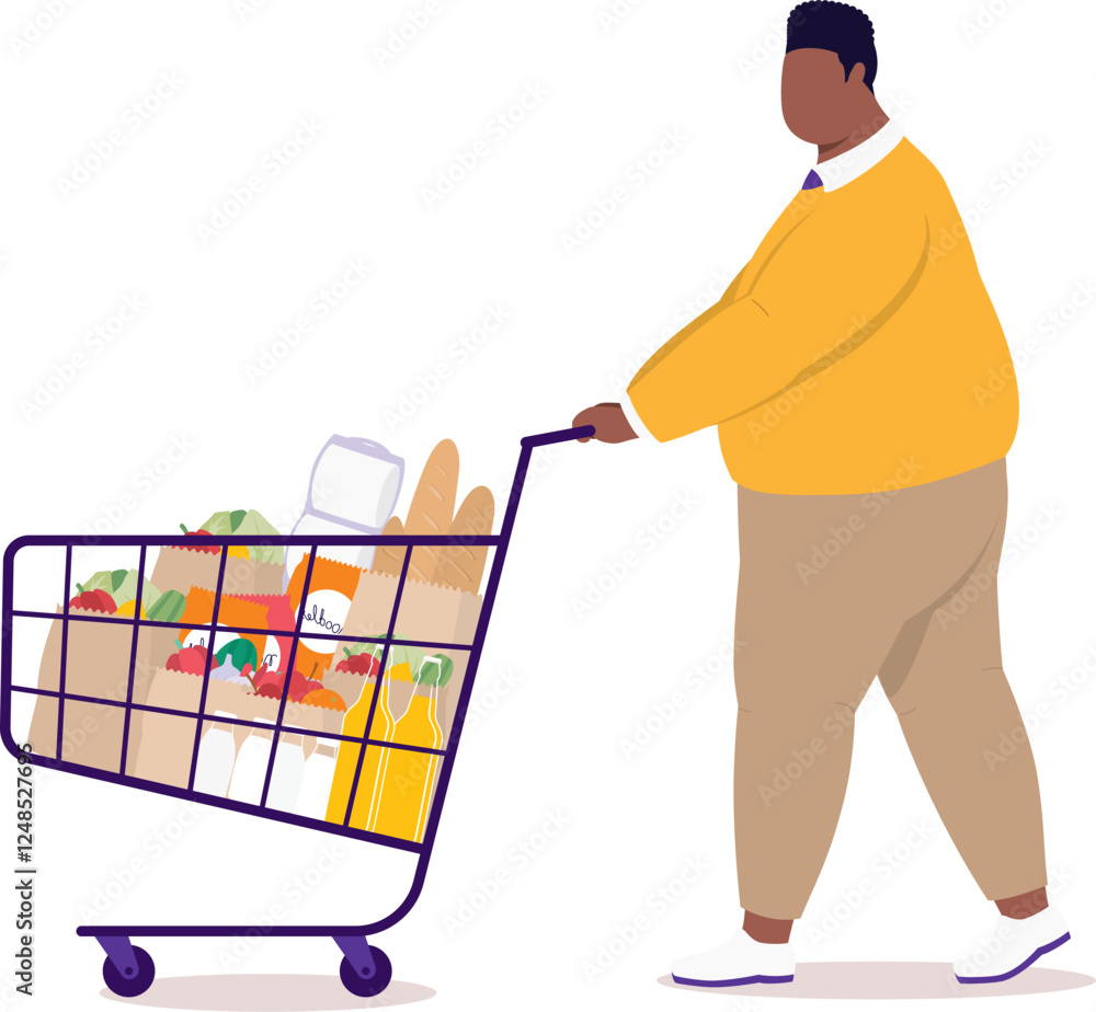 Poster side view of one plus size black man walking while pushing a shopping cart loaded with groceries.