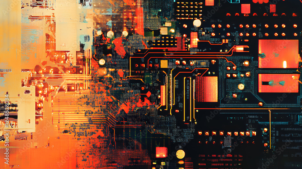 Aufkleber close-up of an illuminated integrated circuit on a motherboard, highlighting the complexity and conn