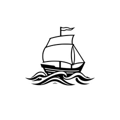 Minimalist illustration of a sailboat sailing over stylized waves on a white background. The simple design includes a ship with billowing sail.