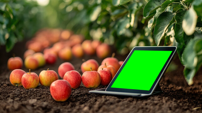 A tablet rests on soil next to fresh apples in an orchard, symbolizing technology in agriculture and modern food production.